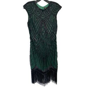 Art Deco-Inspired Green & Black Sequin Fringe Flapper Dress Size S With Intricat